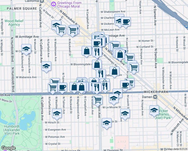 map of restaurants, bars, coffee shops, grocery stores, and more near 1729 North Artesian Avenue in Chicago