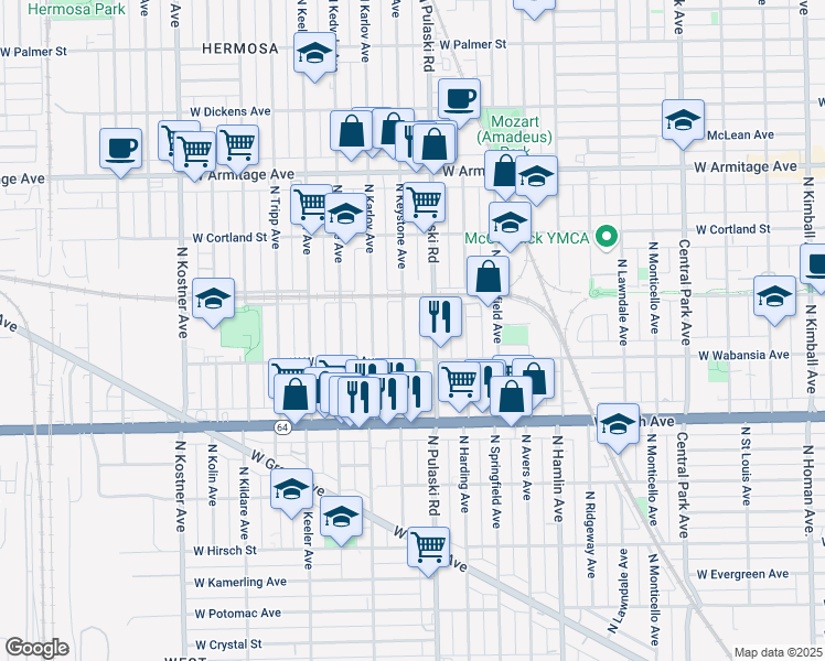 map of restaurants, bars, coffee shops, grocery stores, and more near 1739 North Keystone Avenue in Chicago