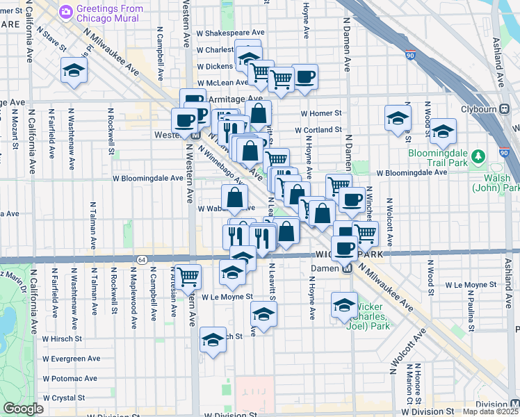 map of restaurants, bars, coffee shops, grocery stores, and more near 1720 North Leavitt Street in Chicago
