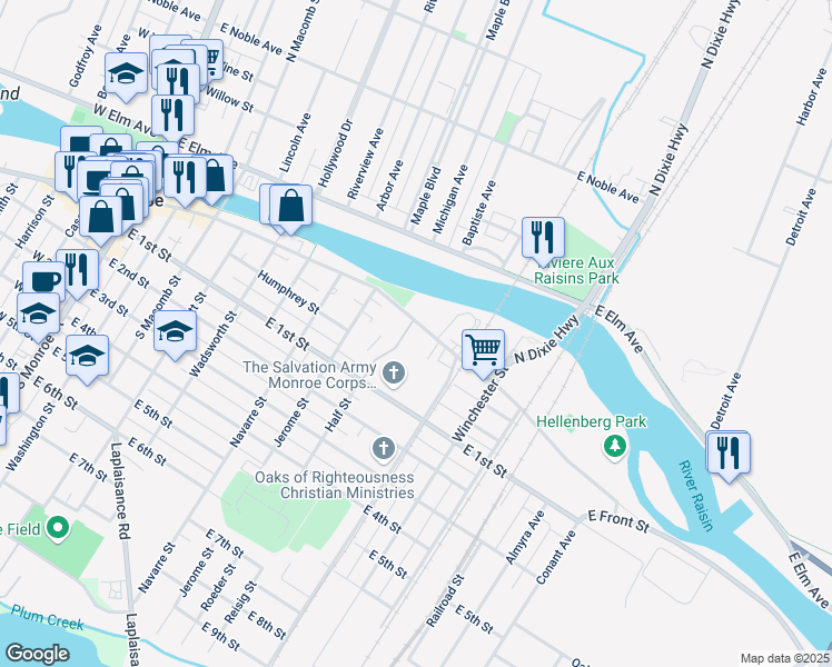 map of restaurants, bars, coffee shops, grocery stores, and more near 810 East Front Street in Monroe
