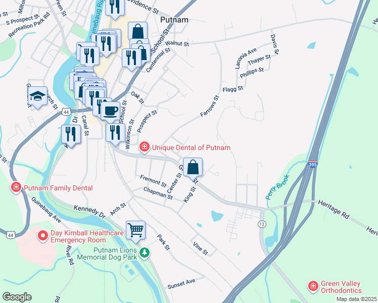 map of restaurants, bars, coffee shops, grocery stores, and more near 36 Florence Street in Putnam