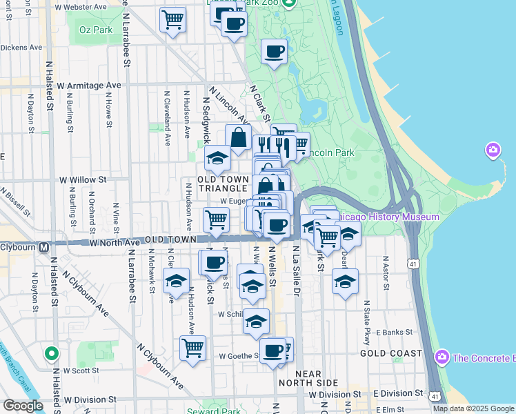 map of restaurants, bars, coffee shops, grocery stores, and more near 1702 North Crilly Court in Chicago