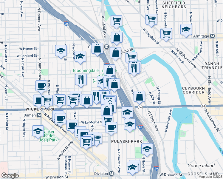 map of restaurants, bars, coffee shops, grocery stores, and more near 1717 North Ashland Avenue in Chicago