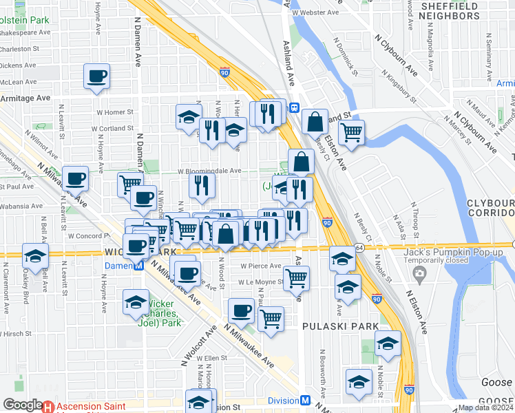 map of restaurants, bars, coffee shops, grocery stores, and more near 1716 North Paulina Street in Chicago