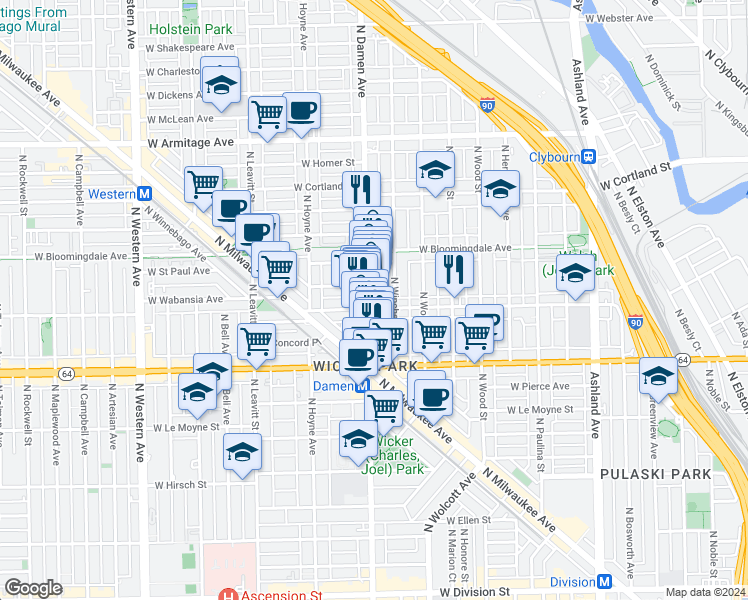 map of restaurants, bars, coffee shops, grocery stores, and more near 1720 North Winchester Avenue in Chicago