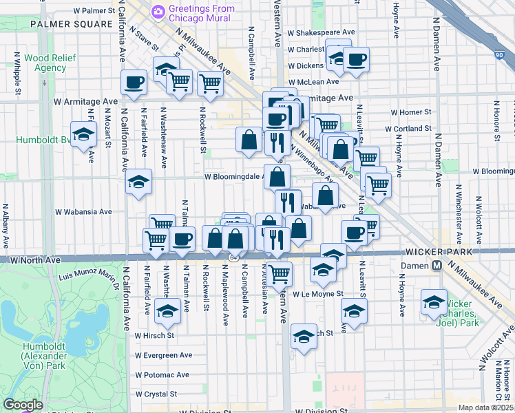 map of restaurants, bars, coffee shops, grocery stores, and more near 1729 North Artesian Avenue in Chicago