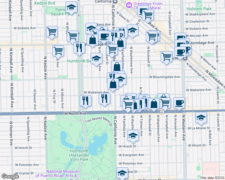map of restaurants, bars, coffee shops, grocery stores, and more near 1732 North California Avenue in Chicago