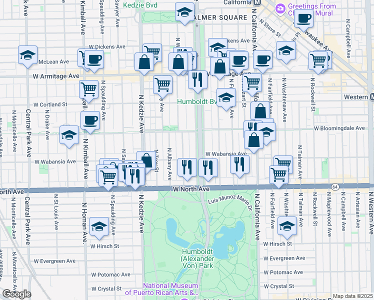 map of restaurants, bars, coffee shops, grocery stores, and more near 1736 North Whipple Street in Chicago