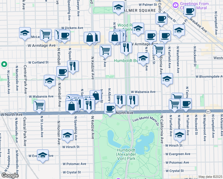 map of restaurants, bars, coffee shops, grocery stores, and more near 1736 North Albany Avenue in Chicago