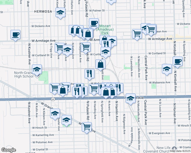 map of restaurants, bars, coffee shops, grocery stores, and more near 1749 North Harding Avenue in Chicago