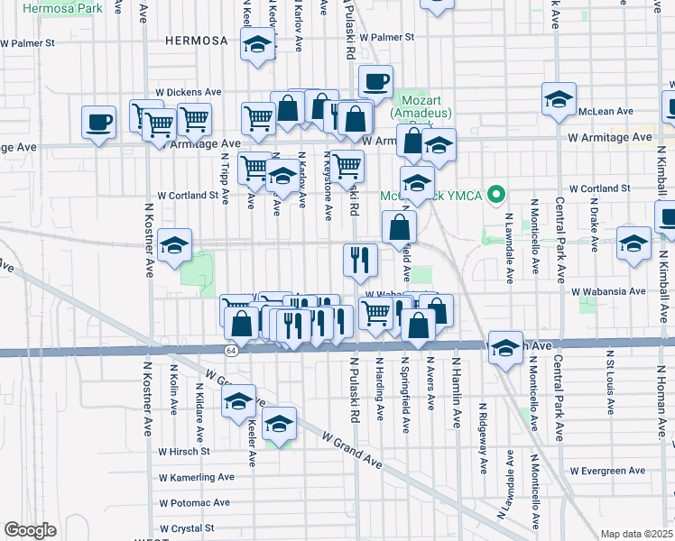 map of restaurants, bars, coffee shops, grocery stores, and more near 1739 North Keystone Avenue in Chicago