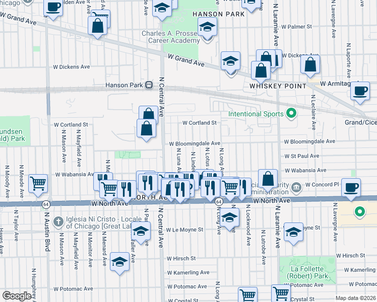 map of restaurants, bars, coffee shops, grocery stores, and more near 1758 North Linder Avenue in Chicago