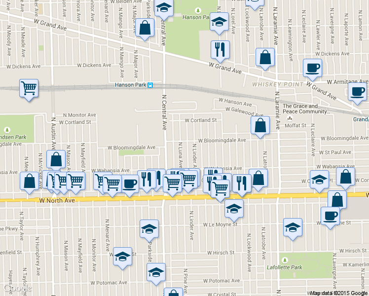 map of restaurants, bars, coffee shops, grocery stores, and more near 1758 North Linder Avenue in Chicago
