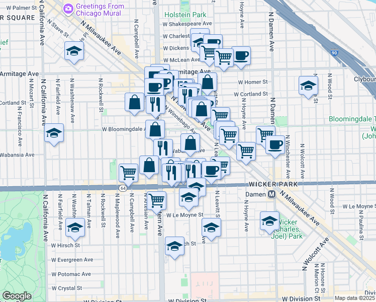 map of restaurants, bars, coffee shops, grocery stores, and more near W Wabansia Ave & N Oakley Ave in Chicago
