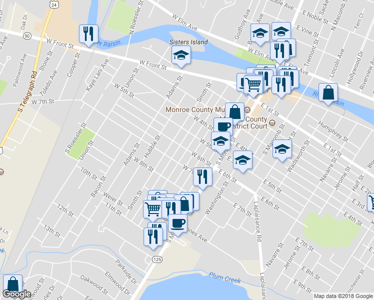 map of restaurants, bars, coffee shops, grocery stores, and more near 599 Harrison Street in Monroe