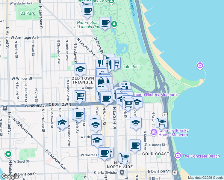 map of restaurants, bars, coffee shops, grocery stores, and more near 1660 North La Salle Drive in Chicago