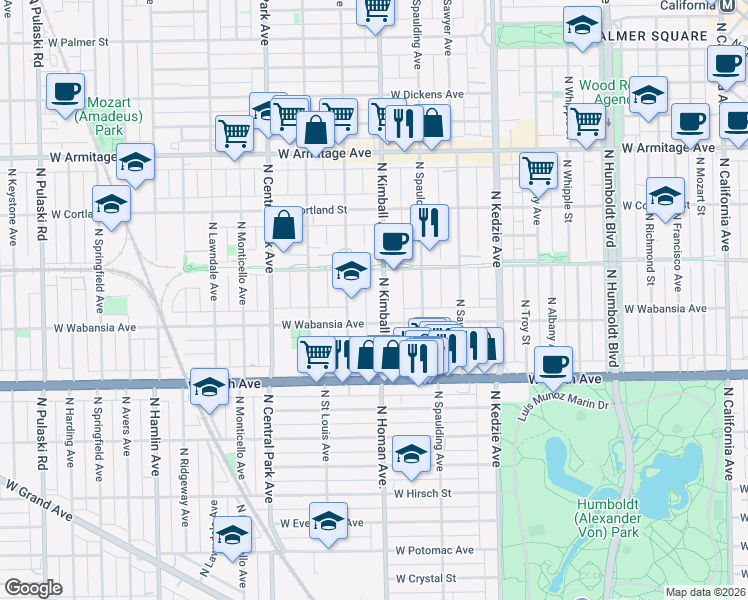 map of restaurants, bars, coffee shops, grocery stores, and more near 1722 North Kimball Avenue in Chicago