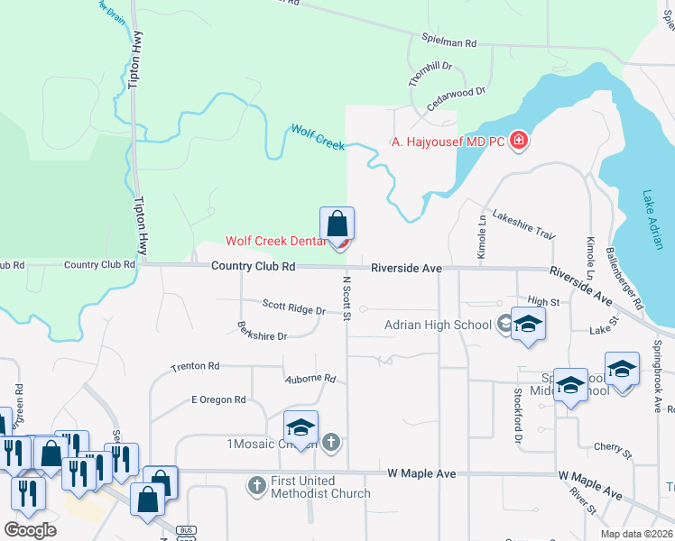 map of restaurants, bars, coffee shops, grocery stores, and more near 1136 Country Club Road in Adrian