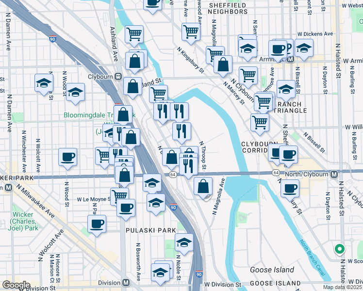 map of restaurants, bars, coffee shops, grocery stores, and more near 1685 North Ada Street in Chicago