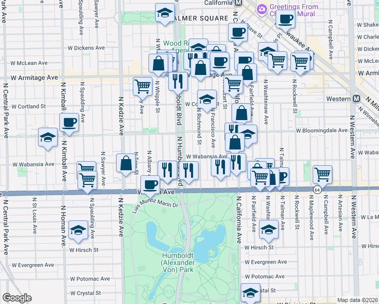 map of restaurants, bars, coffee shops, grocery stores, and more near in Chicago