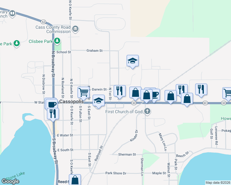 map of restaurants, bars, coffee shops, grocery stores, and more near 123 2nd Street in Cassopolis
