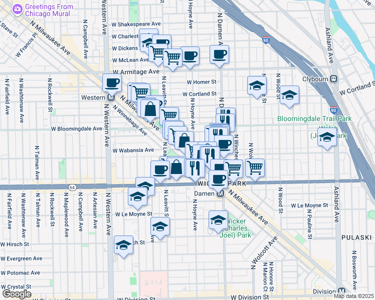 map of restaurants, bars, coffee shops, grocery stores, and more near 1701 North Milwaukee Avenue in Chicago