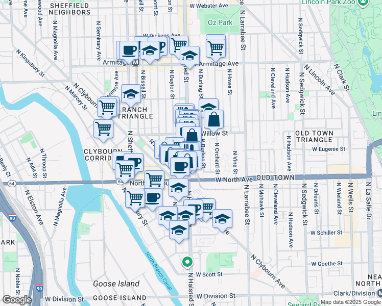 map of restaurants, bars, coffee shops, grocery stores, and more near 1657 North Halsted Street in Chicago