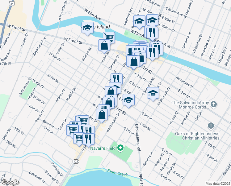 map of restaurants, bars, coffee shops, grocery stores, and more near 60 West 5th Street in Monroe