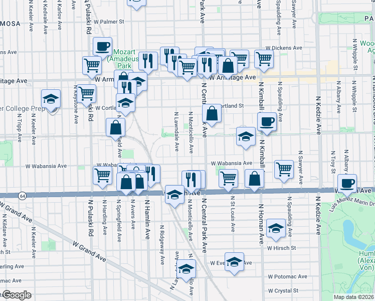 map of restaurants, bars, coffee shops, grocery stores, and more near 1737 North Lawndale Avenue in Chicago