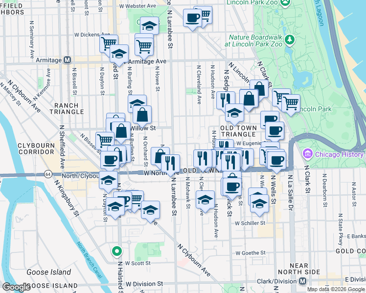 map of restaurants, bars, coffee shops, grocery stores, and more near 537 West Eugenie Street in Chicago