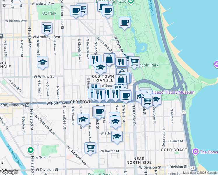 map of restaurants, bars, coffee shops, grocery stores, and more near 301 West Eugenie Street in Chicago
