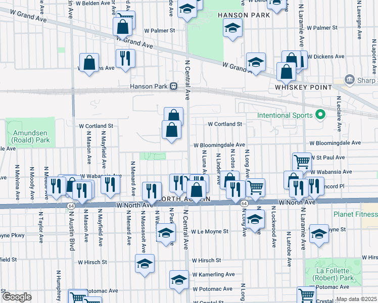 map of restaurants, bars, coffee shops, grocery stores, and more near N Central Ave & W Bloomingdale Ave in Chicago