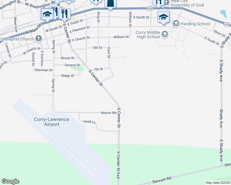 map of restaurants, bars, coffee shops, grocery stores, and more near 740 S Center St in Corry