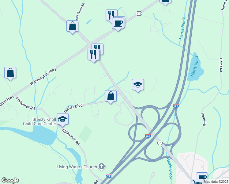 map of restaurants, bars, coffee shops, grocery stores, and more near 1 Thurber Boulevard in Smithfield
