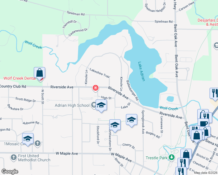 map of restaurants, bars, coffee shops, grocery stores, and more near 701 Lakeshire Trail in Adrian