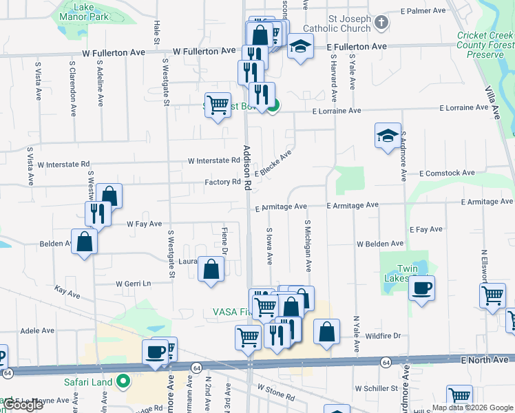 map of restaurants, bars, coffee shops, grocery stores, and more near 9 East Armitage Avenue in Addison