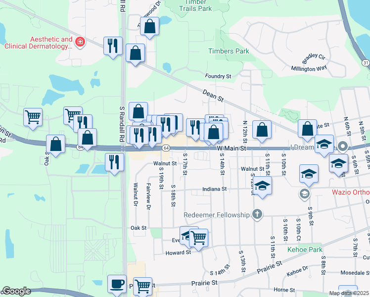 map of restaurants, bars, coffee shops, grocery stores, and more near 1708 West Main Street in St. Charles