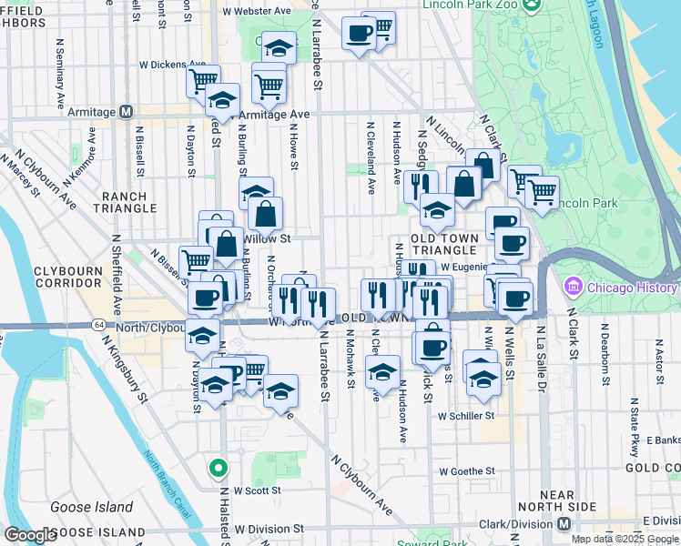 map of restaurants, bars, coffee shops, grocery stores, and more near 518 West Eugenie Street in Chicago