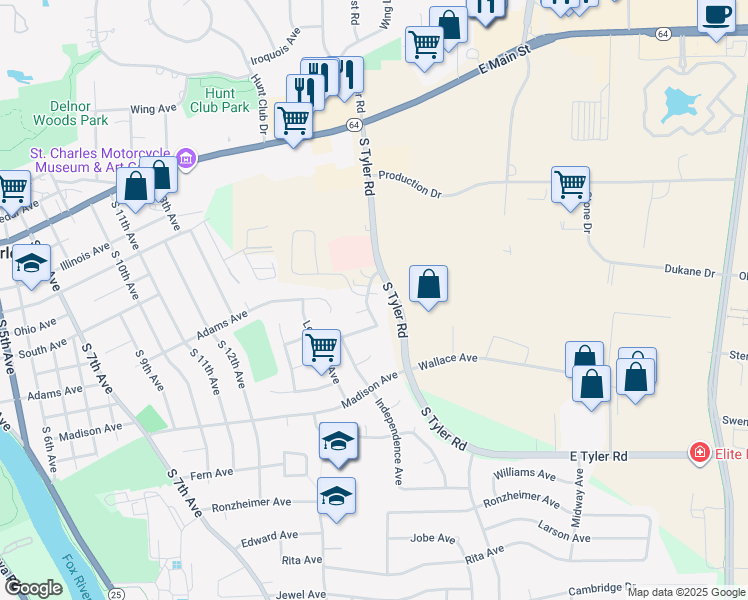 map of restaurants, bars, coffee shops, grocery stores, and more near 865 Munhall Avenue in St. Charles