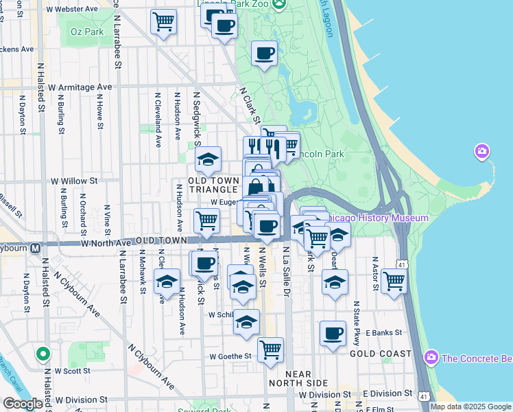 map of restaurants, bars, coffee shops, grocery stores, and more near 170 West Eugenie Street in Chicago