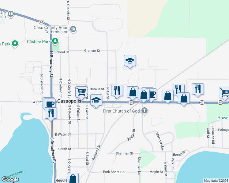 map of restaurants, bars, coffee shops, grocery stores, and more near 123 2nd Street in Cassopolis