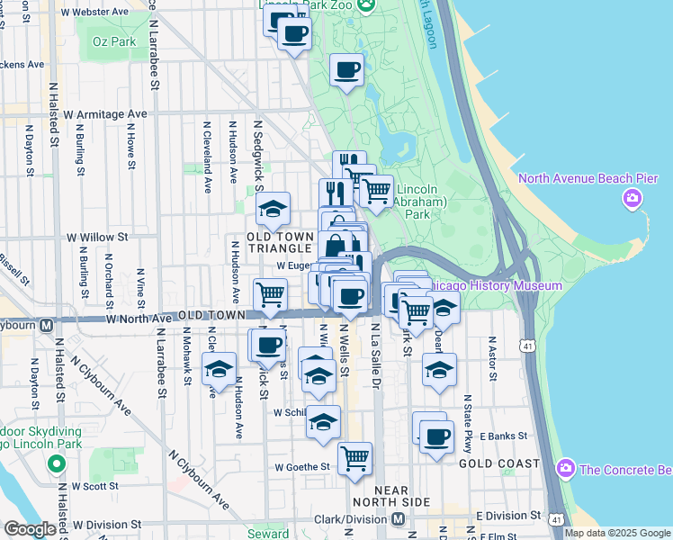 map of restaurants, bars, coffee shops, grocery stores, and more near 170 West Eugenie Street in Chicago