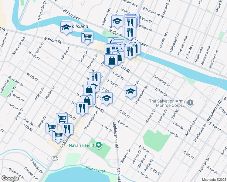 map of restaurants, bars, coffee shops, grocery stores, and more near 311 Washington Street in Monroe