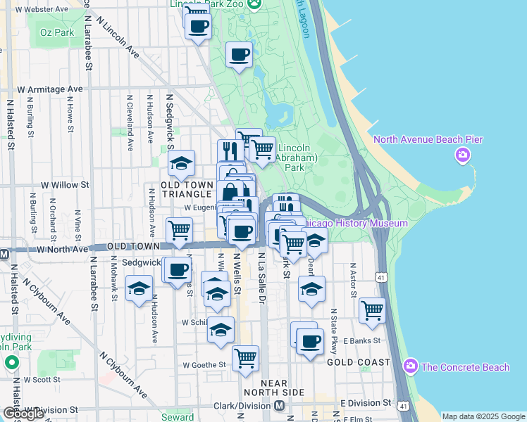 map of restaurants, bars, coffee shops, grocery stores, and more near 1660 North LaSalle Drive in Chicago