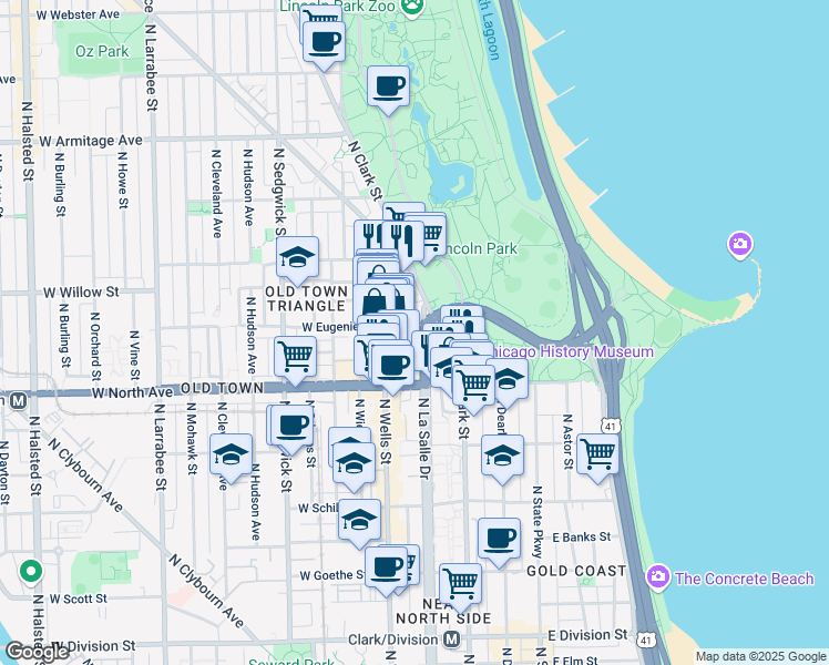 map of restaurants, bars, coffee shops, grocery stores, and more near 1660 North LaSalle Drive in Chicago