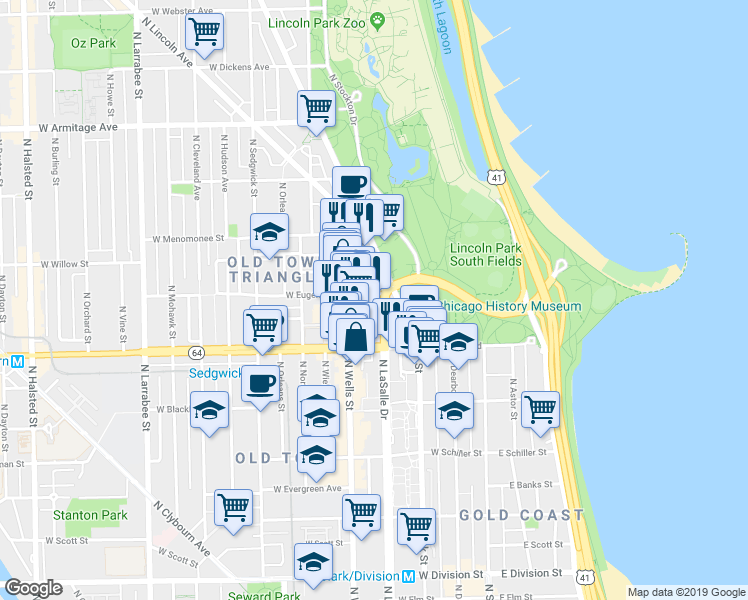 map of restaurants, bars, coffee shops, grocery stores, and more near 1660 North LaSalle Drive in Chicago