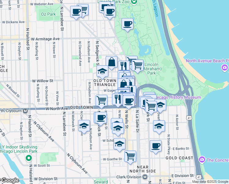 map of restaurants, bars, coffee shops, grocery stores, and more near 1702 North Crilly Court in Chicago
