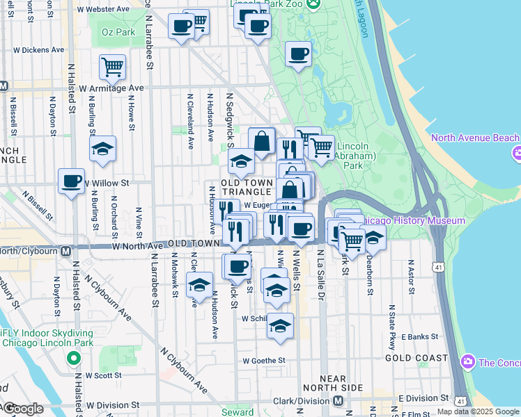 map of restaurants, bars, coffee shops, grocery stores, and more near 327 West Eugenie Street in Chicago