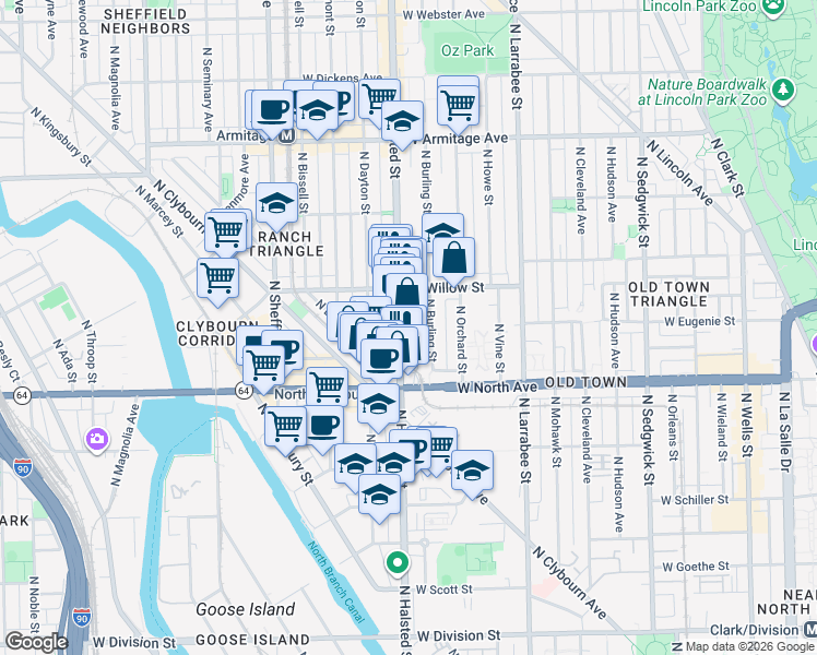 map of restaurants, bars, coffee shops, grocery stores, and more near 1705 North Halsted Street in Chicago