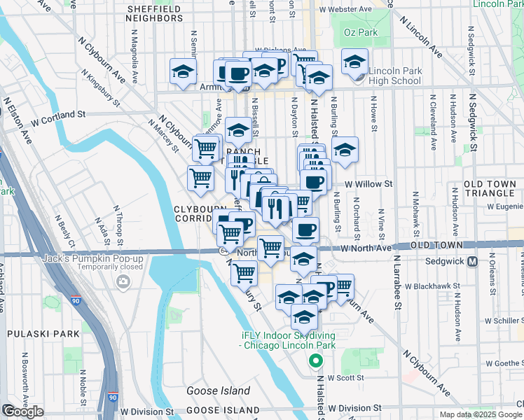 map of restaurants, bars, coffee shops, grocery stores, and more near 1710 North Bissell Street in Chicago